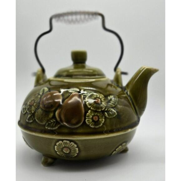 Vintage Ceramic Teapot Fruit and Floral Olive Green with Lid Japan - Picture 5 of 14